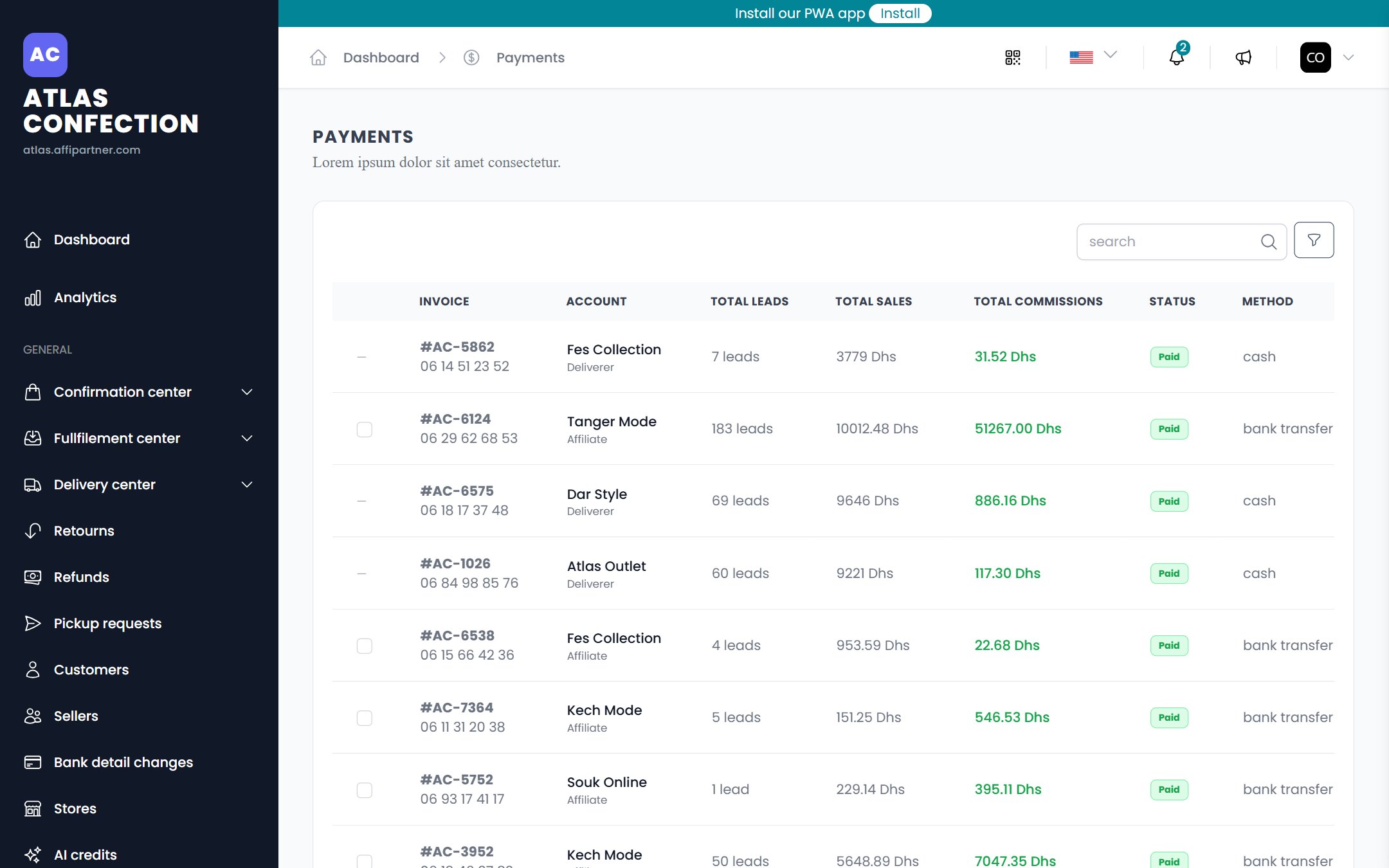 Relevés payés des vendeurs et des livreurs : commandes, ventes, commissions, mode de paiement