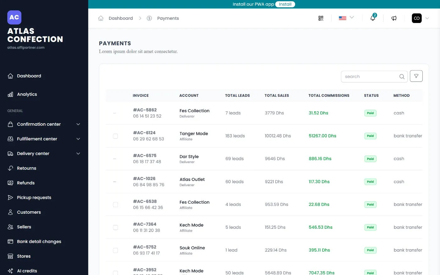 Paid statements for sellers and couriers: leads, sales, commissions, method